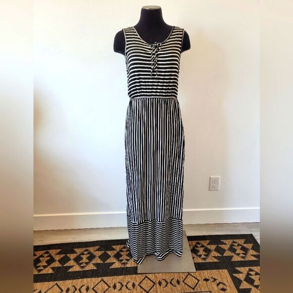 Espresso Maxi Dress Striped Black White Summer Boho Lounge Sundress Medium - Picture 1 of 10